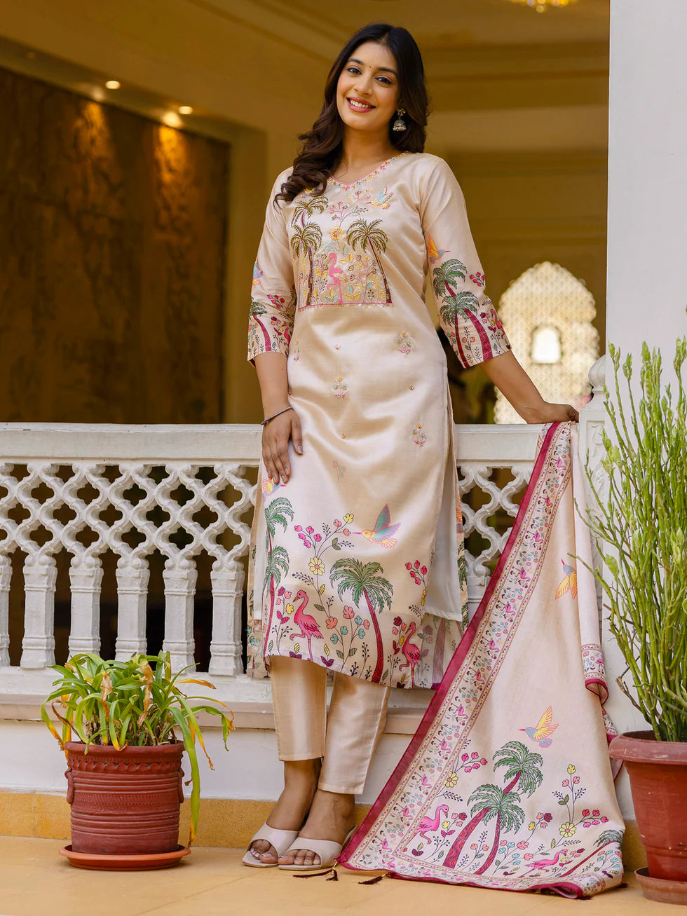 Floral Embroidered Silk V Neck Kurta Trouser & Dupatta Set