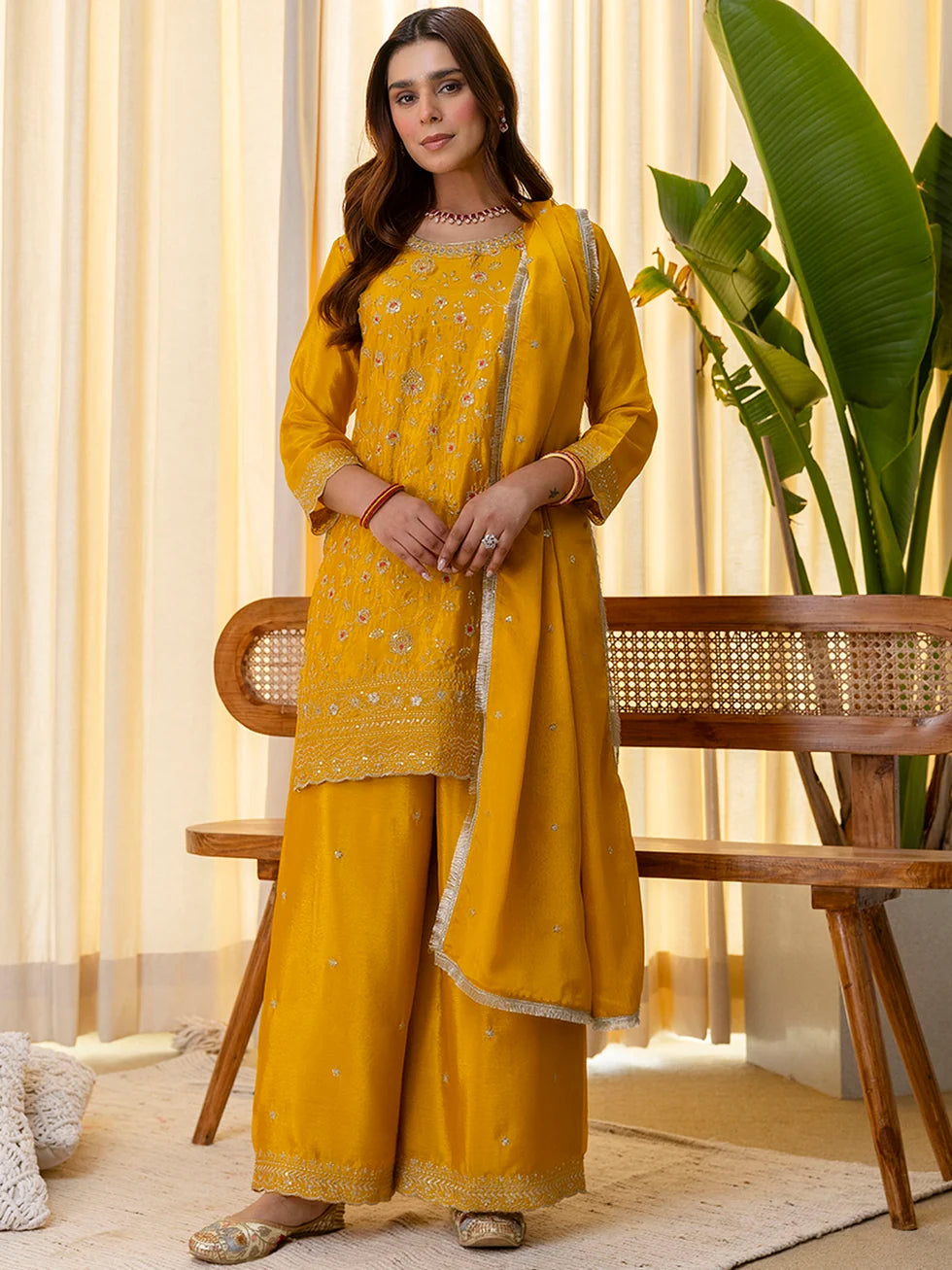 Vanya Women’s Mustard Festive Embroidered Yoke Palazzo Set