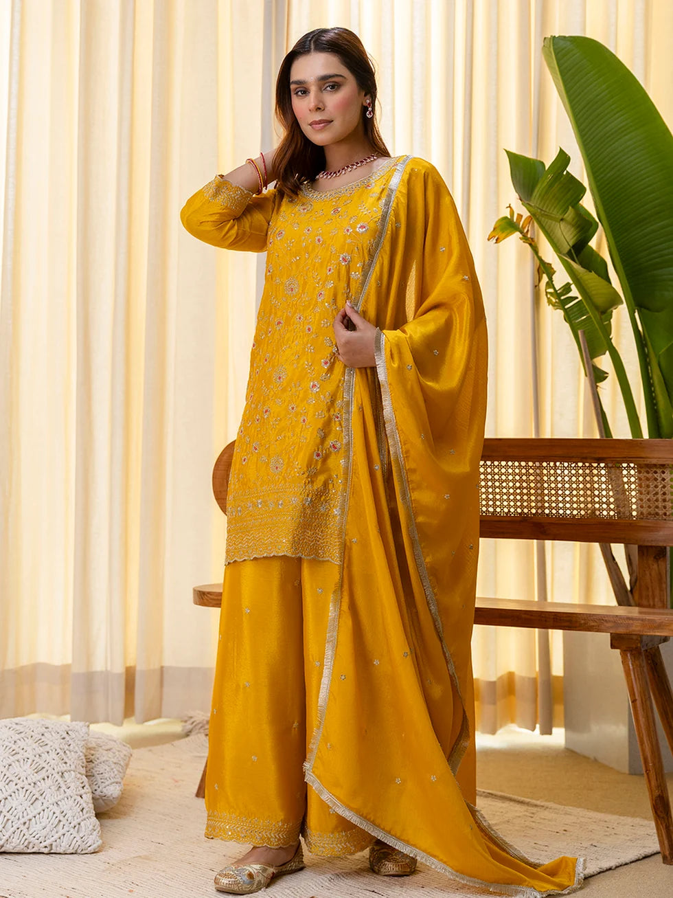 Vanya Women’s Mustard Festive Embroidered Yoke Palazzo Set