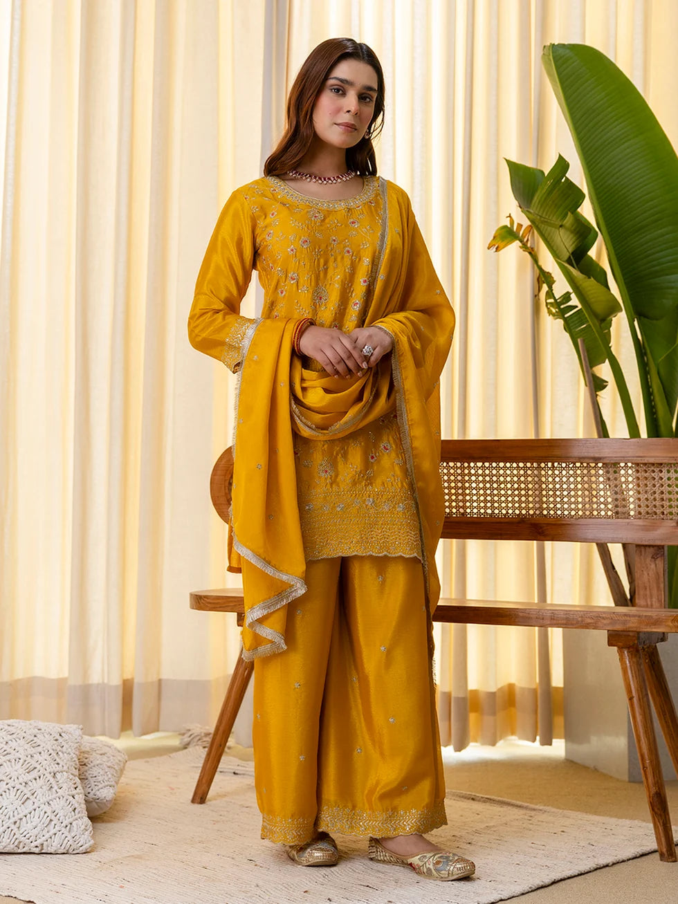 Vanya Women’s Mustard Festive Embroidered Yoke Palazzo Set