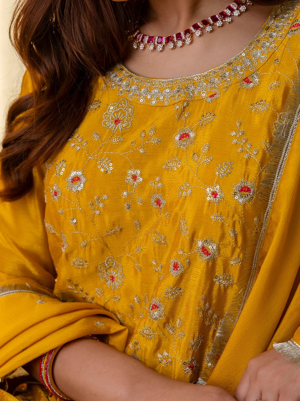 Vanya Women’s Mustard Festive Embroidered Yoke Palazzo Set