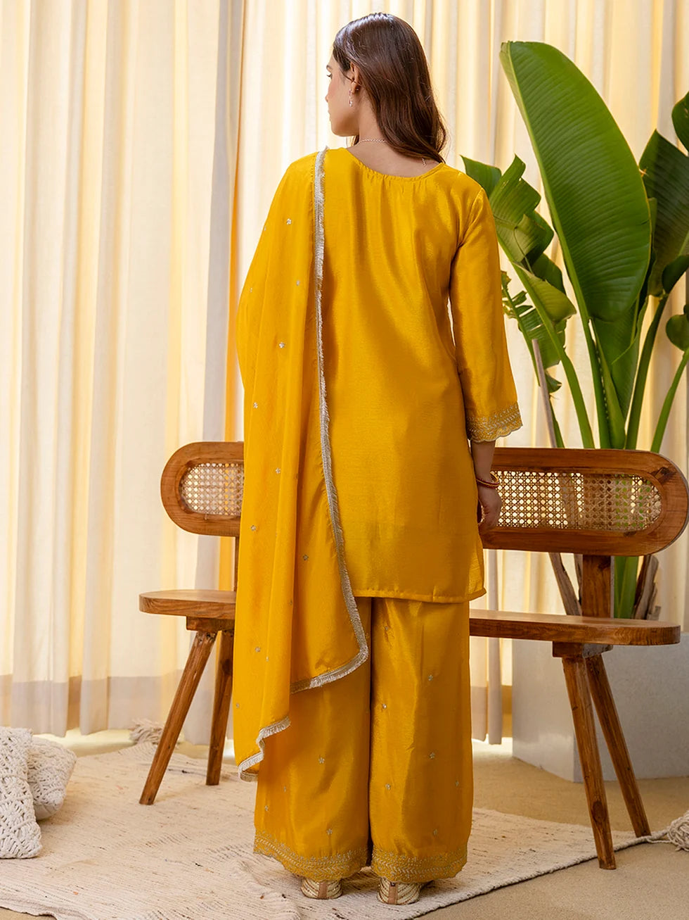 Vanya Women’s Mustard Festive Embroidered Yoke Palazzo Set