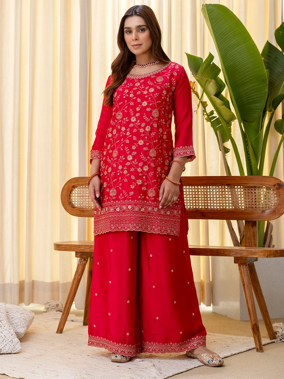 Elara Women’s Rani Festive Embroidered Kurta Palazzo Pant and Dupatta Set