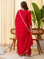 Elara Women’s Rani Festive Embroidered Kurta Palazzo Pant and Dupatta Set