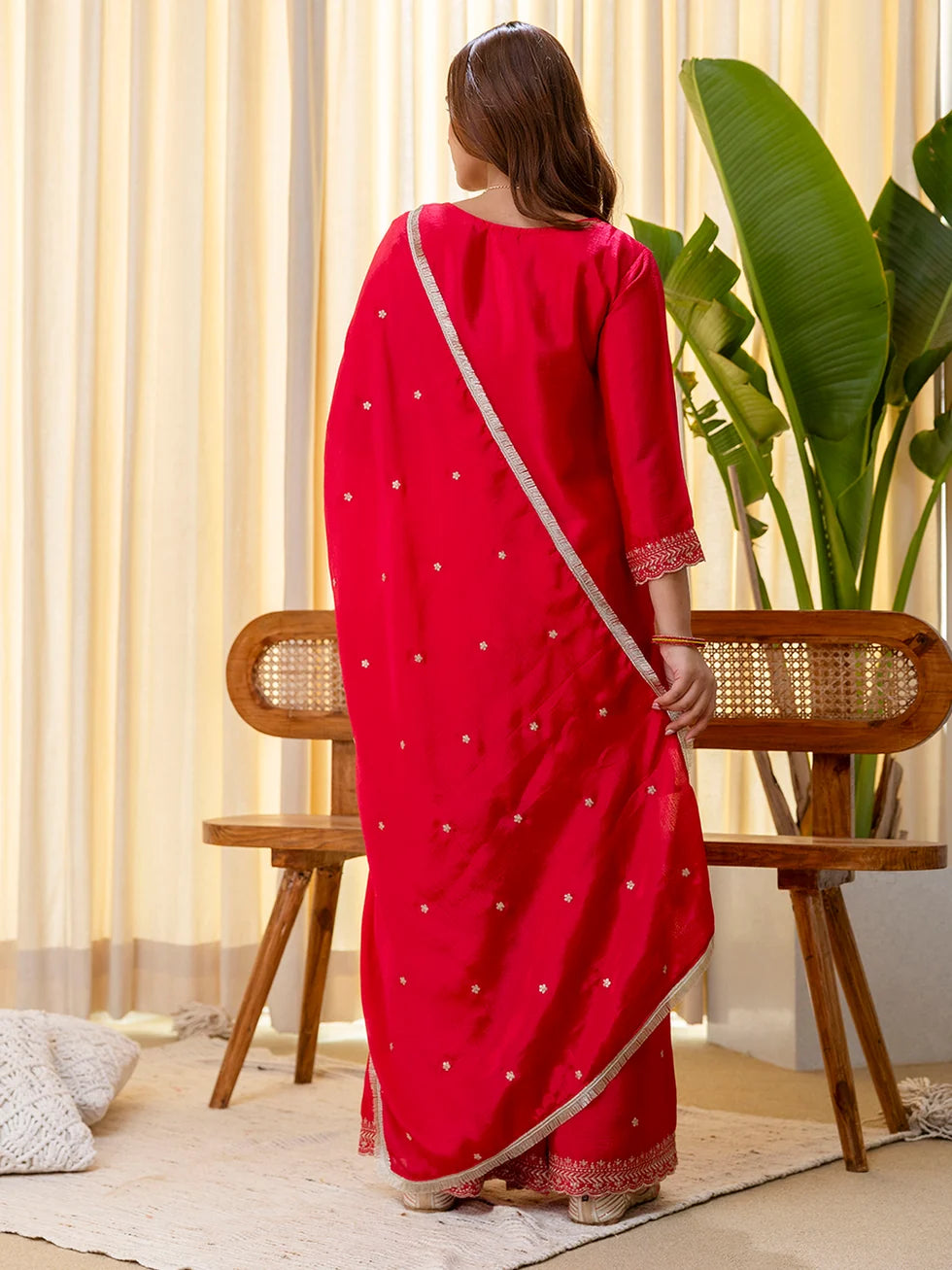 Elara Women’s Rani Festive Embroidered Kurta Palazzo Pant and Dupatta Set