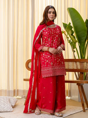 Elara Women’s Rani Festive Embroidered Kurta Palazzo Pant and Dupatta Set