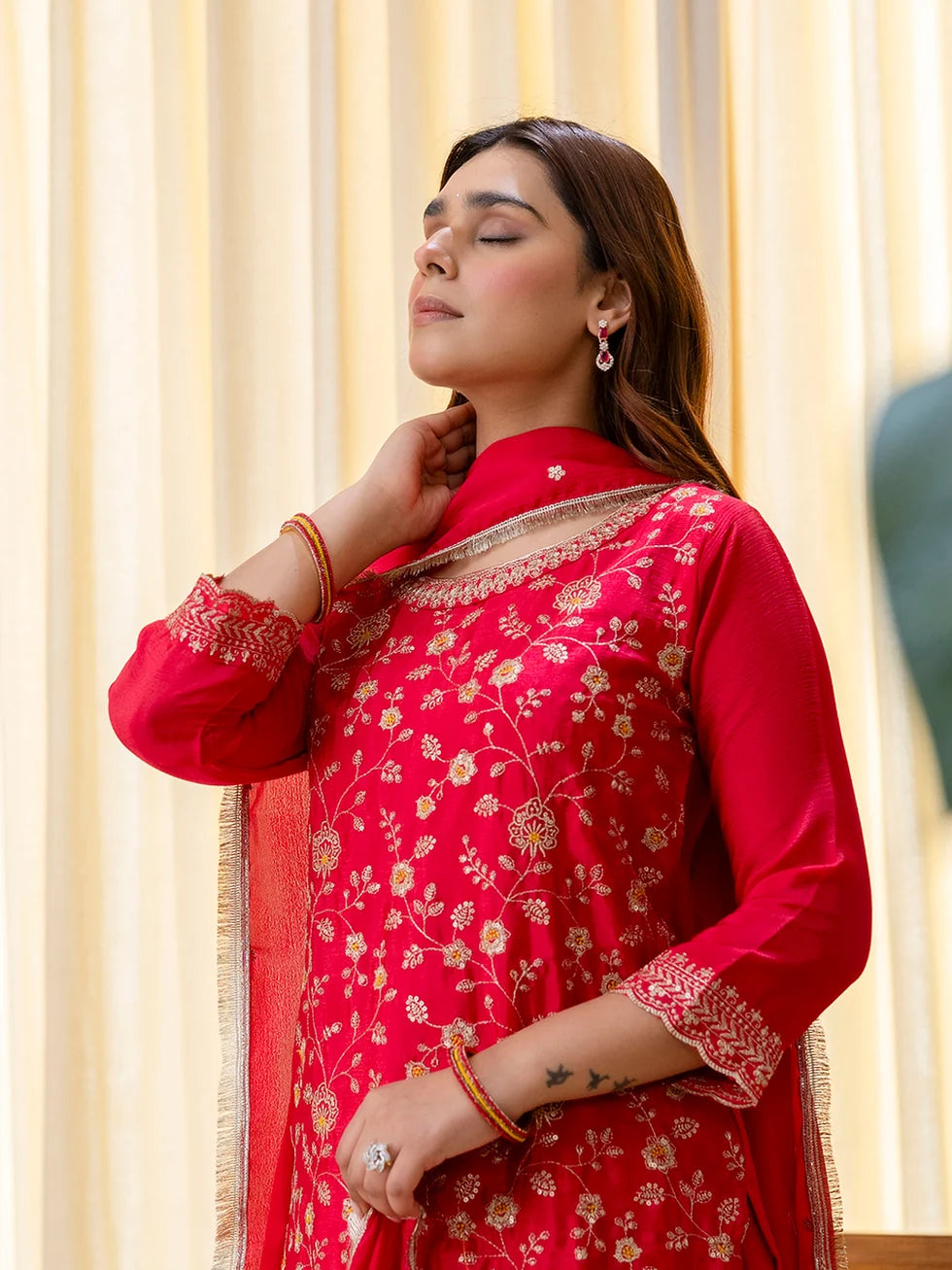 Elara Women’s Rani Festive Embroidered Kurta Palazzo Pant and Dupatta Set