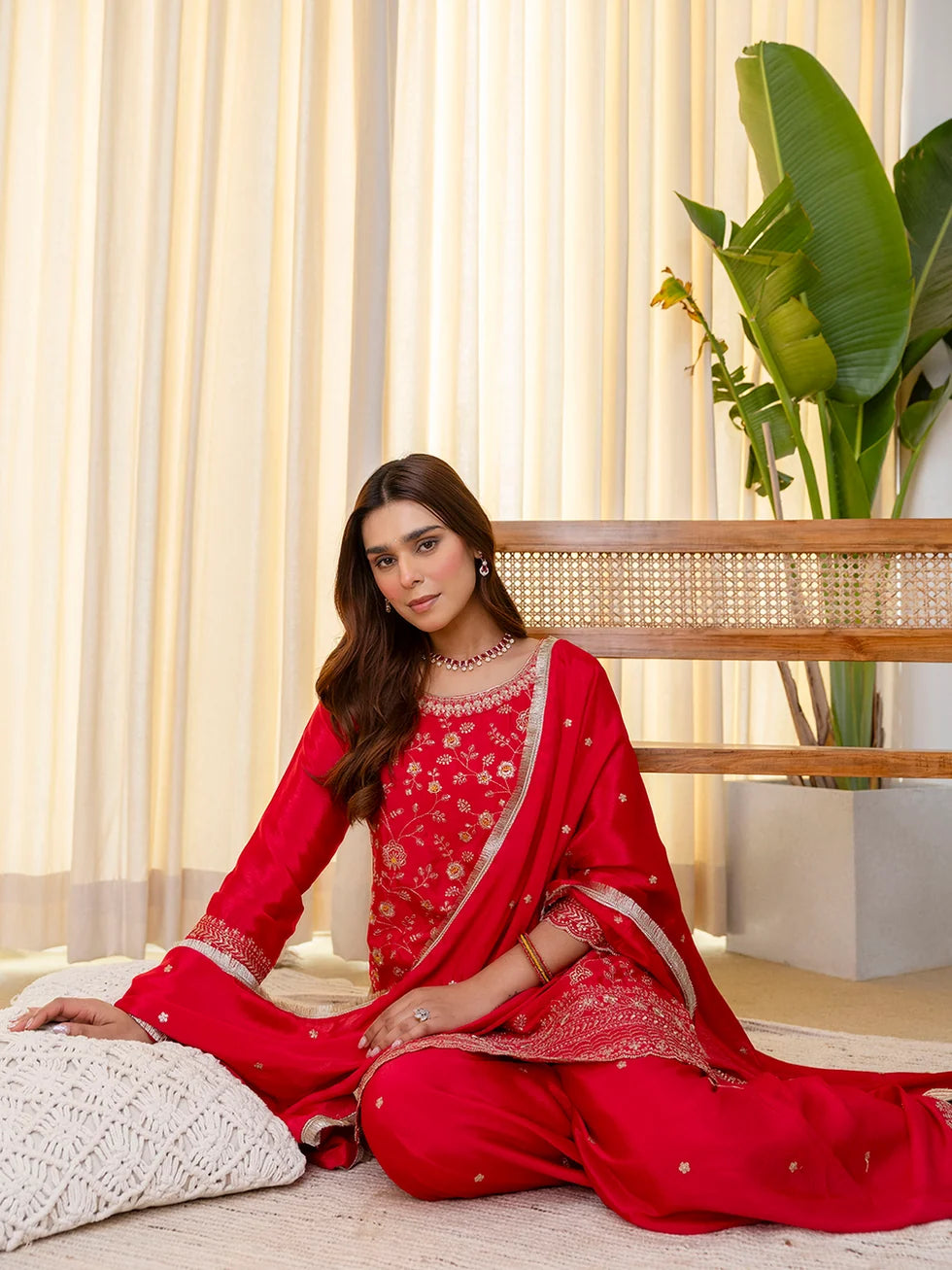 Elara Women’s Rani Festive Embroidered Kurta Palazzo Pant and Dupatta Set