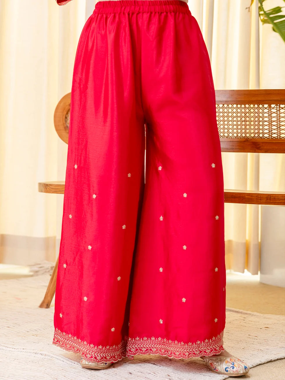 Elara Women’s Rani Festive Embroidered Kurta Palazzo Pant and Dupatta Set