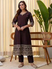 Divya Women's Coffee Brown Festive Kurta Pant Set with Scalloped Floral Dupatta
