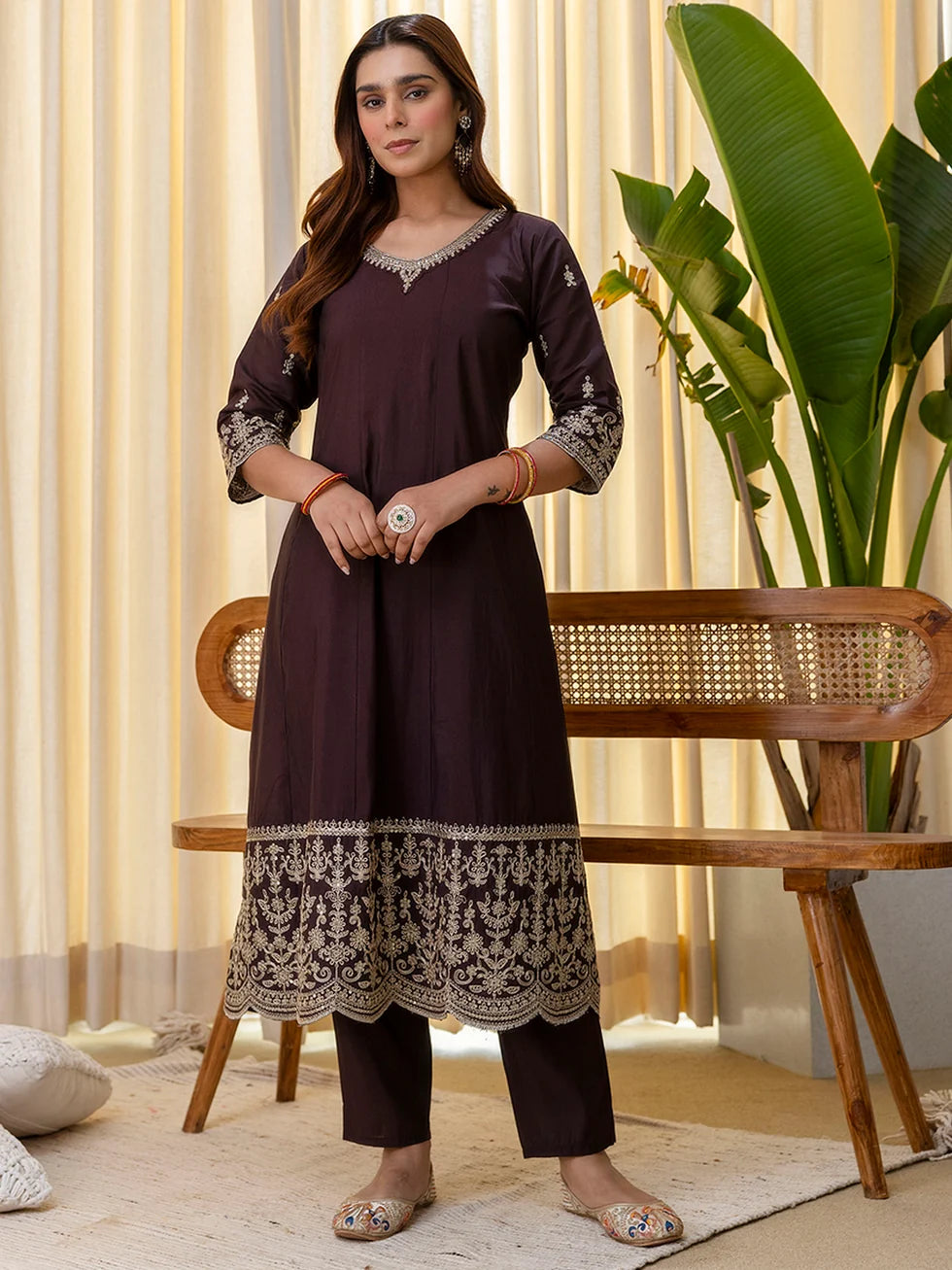 Divya Women's Coffee Brown Festive Kurta Pant Set with Scalloped Floral Dupatta