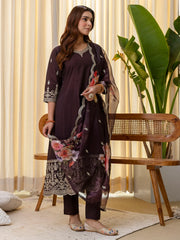 Divya Women's Coffee Brown Festive Kurta Pant Set with Scalloped Floral Dupatta