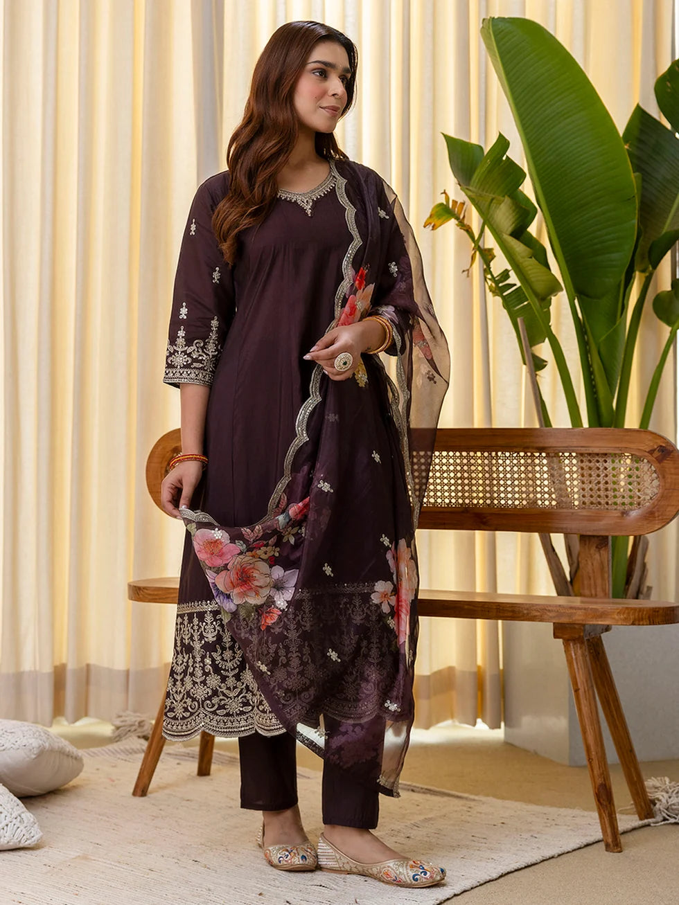 Divya Women's Coffee Brown Festive Kurta Pant Set with Scalloped Floral Dupatta