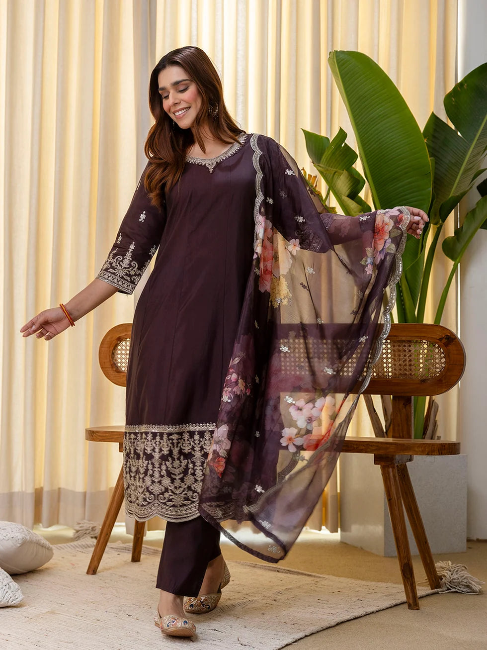 Divya Women's Coffee Brown Festive Kurta Pant Set with Scalloped Floral Dupatta