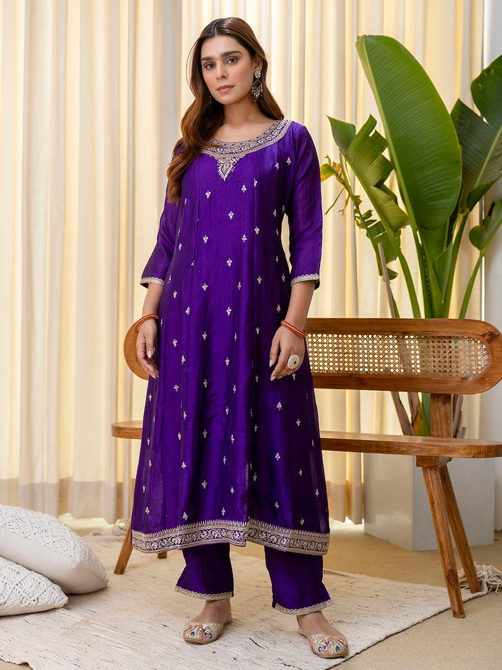 Dua Women’s Purple Festive Embroidered Yoke Anarkali Kurta Set