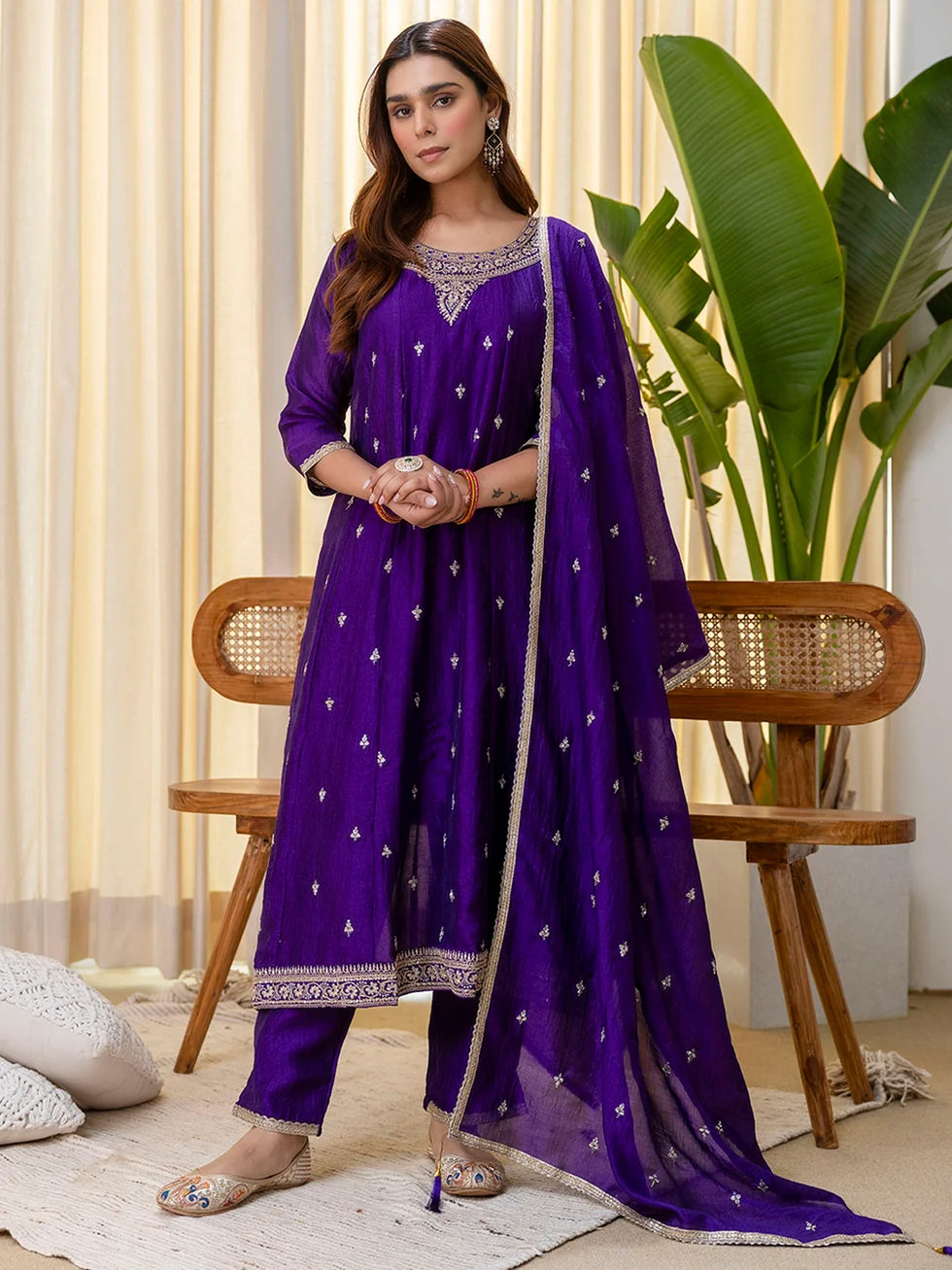 Dua Women’s Purple Festive Embroidered Yoke Anarkali Kurta Set