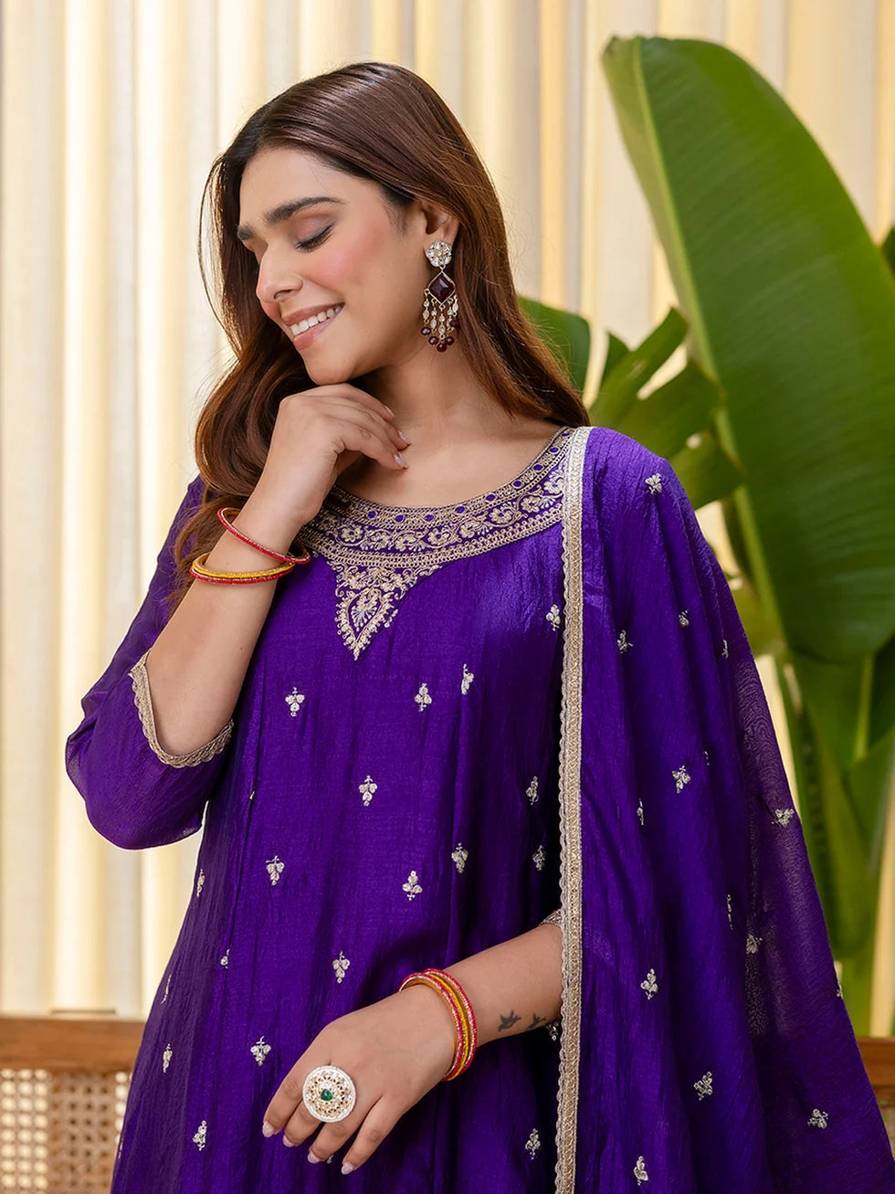 Dua Women’s Purple Festive Embroidered Yoke Anarkali Kurta Set