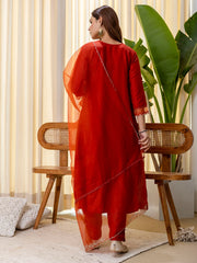 Era Women’s Rust Festive Embroidered Yoke Straight Kurta Pant Set