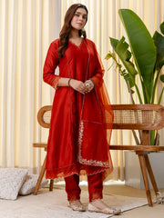 Era Women’s Rust Festive Embroidered Yoke Straight Kurta Pant Set