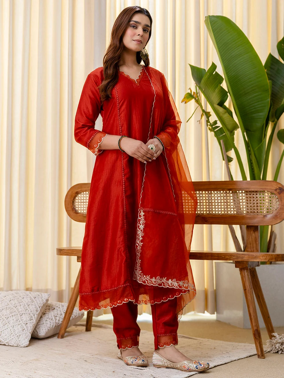 Era Women’s Rust Festive Embroidered Yoke Straight Kurta Pant Set