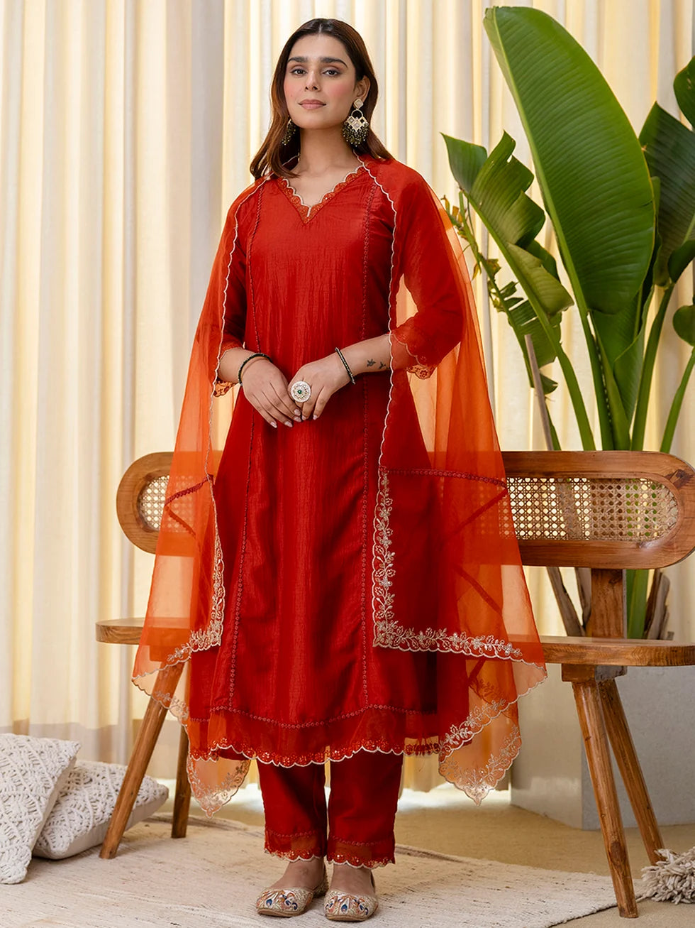 Era Women’s Rust Festive Embroidered Yoke Straight Kurta Pant Set