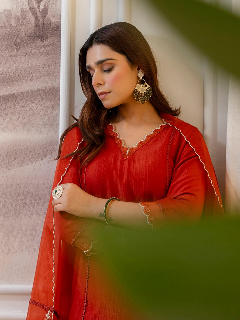 Era Women’s Rust Festive Embroidered Yoke Straight Kurta Pant Set