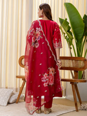 Vedika Women's Cherry Red Embroidered Hem Kurta Set with Floral Organza Dupatta