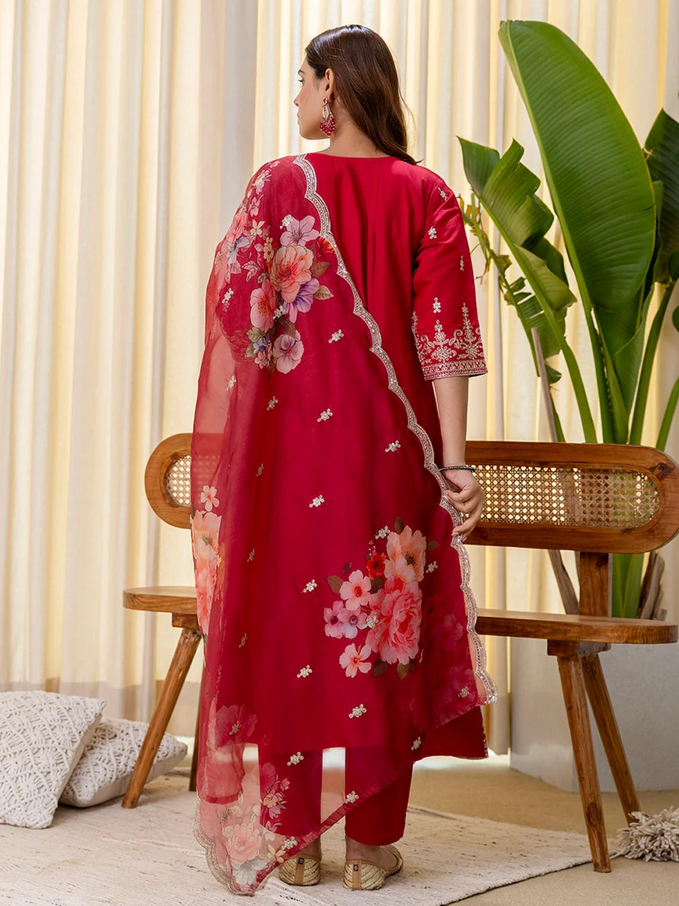 Vedika Women's Cherry Red Embroidered Hem Kurta Set with Floral Organza Dupatta