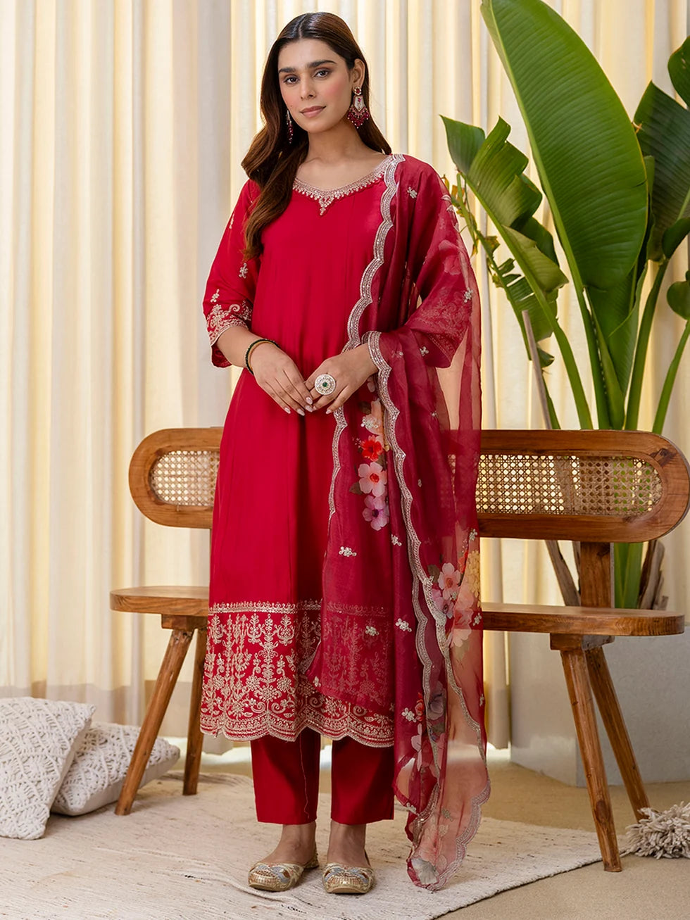 Vedika Women's Cherry Red Embroidered Hem Kurta Set with Floral Organza Dupatta