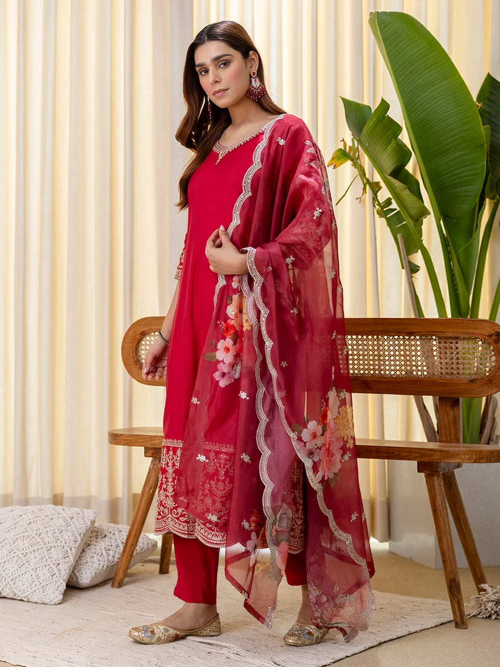 Vedika Women's Cherry Red Embroidered Hem Kurta Set with Floral Organza Dupatta