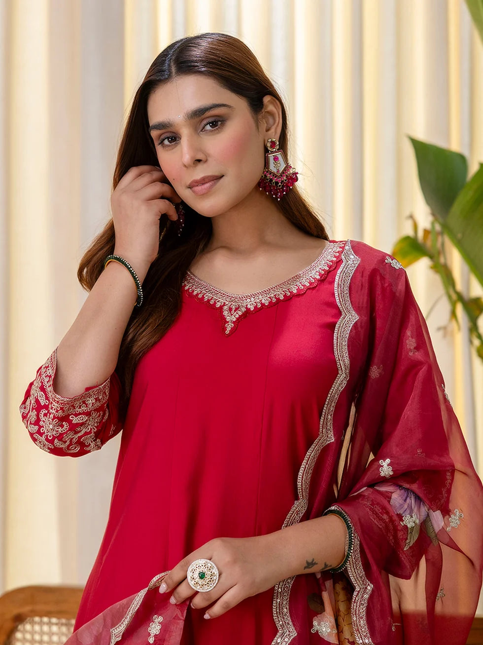 Vedika Women's Cherry Red Embroidered Hem Kurta Set with Floral Organza Dupatta
