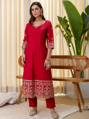 Vedika Women's Cherry Red Embroidered Hem Kurta Set with Floral Organza Dupatta