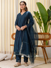 Shranya Women’s Teal Festive Embroidered Yoke Straight Kurta Pant Set