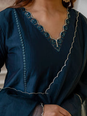 Shranya Women’s Teal Festive Embroidered Yoke Straight Kurta Pant Set