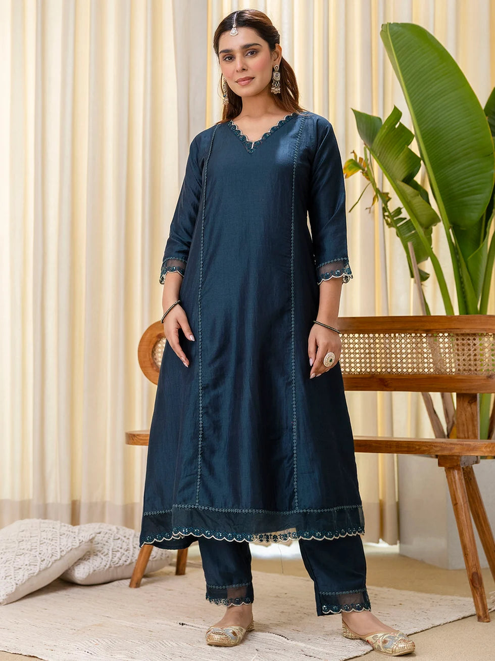 Shranya Women’s Teal Festive Embroidered Yoke Straight Kurta Pant Set