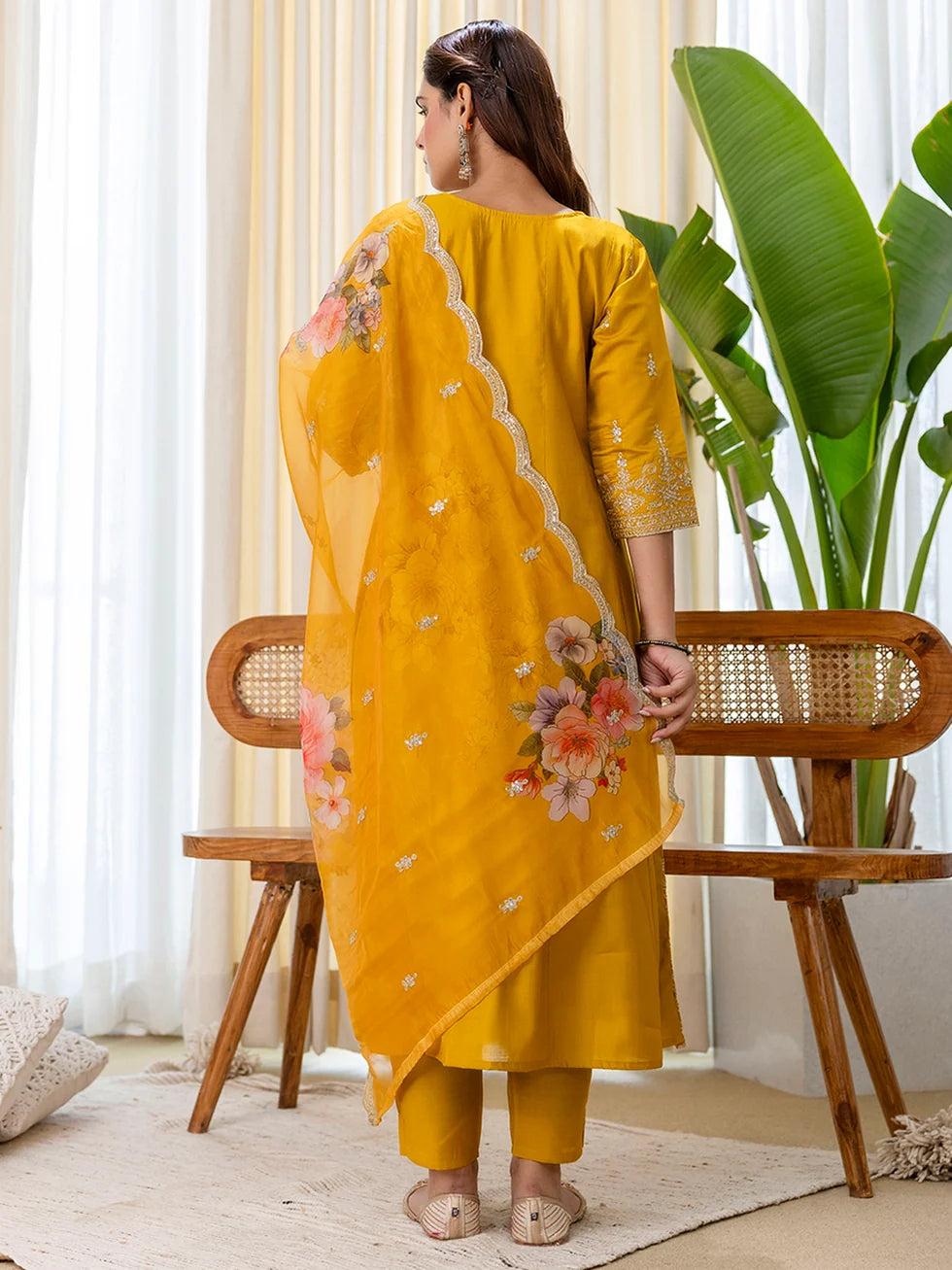 Shaya Women's Musterd Silk Blend Straight Kurta Set with Sheer Printed Dupatta