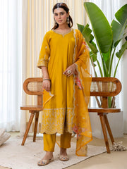 Shaya Women's Musterd Silk Blend Straight Kurta Set with Sheer Printed Dupatta