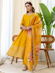 Shaya Women's Musterd Silk Blend Straight Kurta Set with Sheer Printed Dupatta