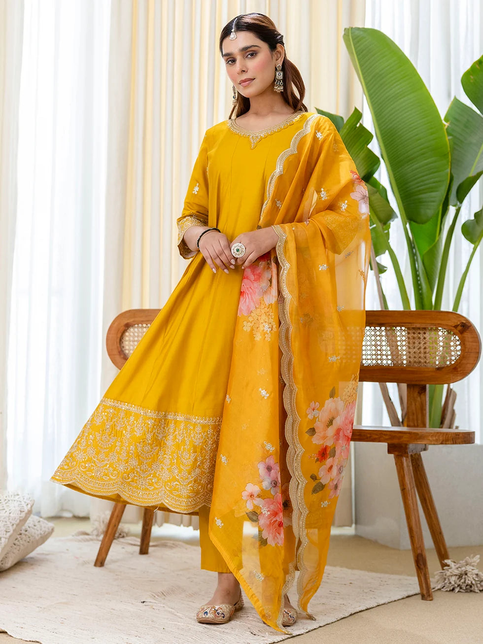 Shaya Women's Musterd Silk Blend Straight Kurta Set with Sheer Printed Dupatta