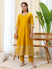 Shaya Women's Musterd Silk Blend Straight Kurta Set with Sheer Printed Dupatta