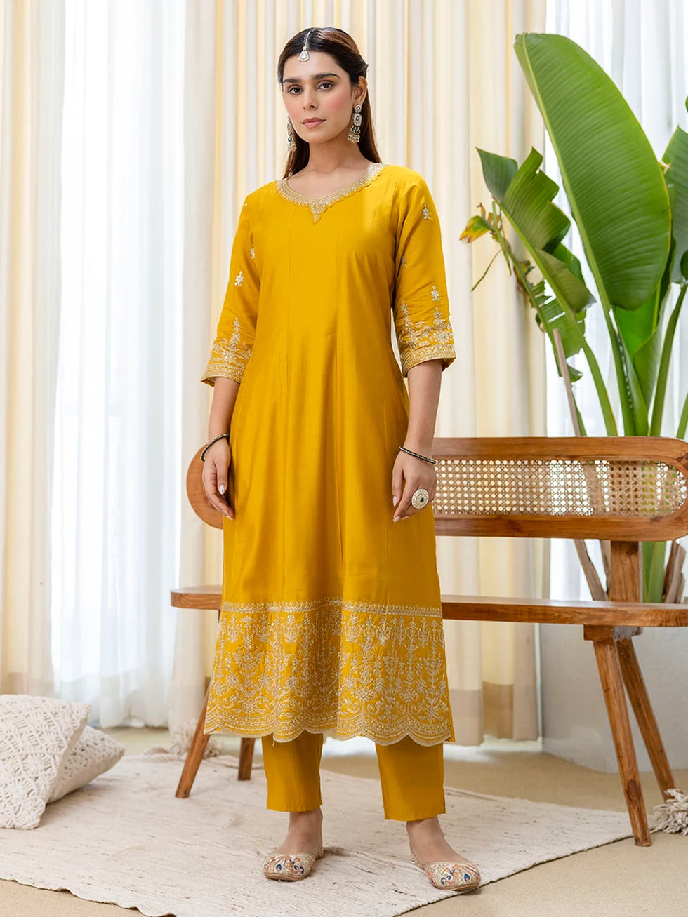 Shaya Women's Musterd Silk Blend Straight Kurta Set with Sheer Printed Dupatta