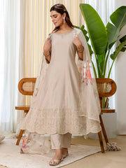 Isa Women's Grey Kurta Pant Set with Scalloped Floral Dupatta
