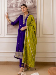 Kriti Women's Purple Festive Thread Work Straight Kurta Set