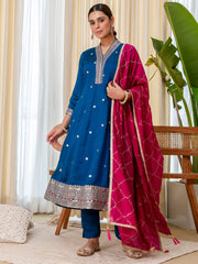 Tari Women's Dark Teal Blue Silk Blend Straight Festive Kurta Set with Pink Dupatta