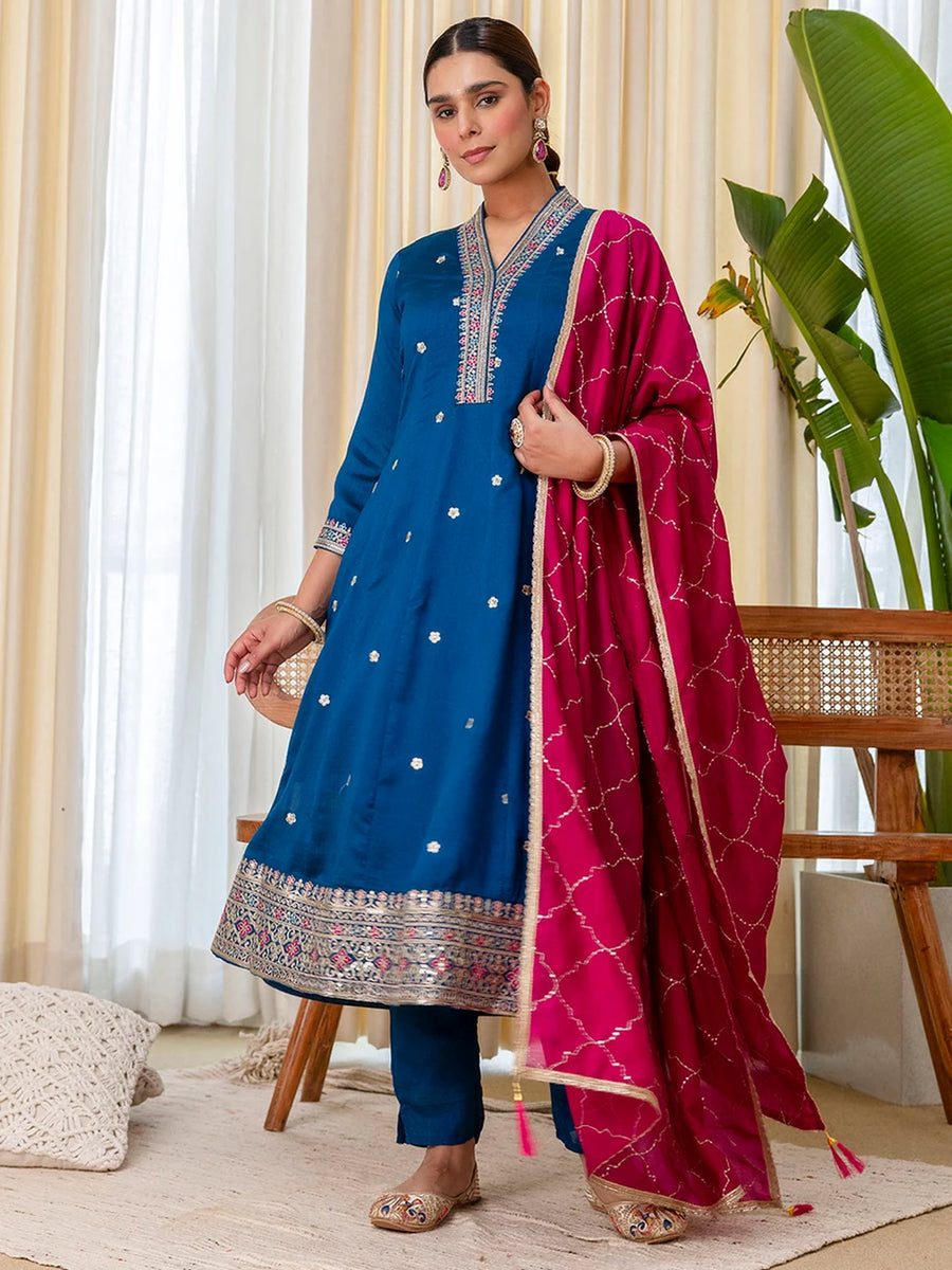 Tari Women's Dark Teal Blue Silk Blend Straight Festive Kurta Set with Pink Dupatta