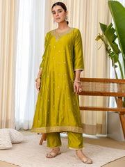 Priya Women’s Lemon Green Festive Embroidered Straight Kurta Pant