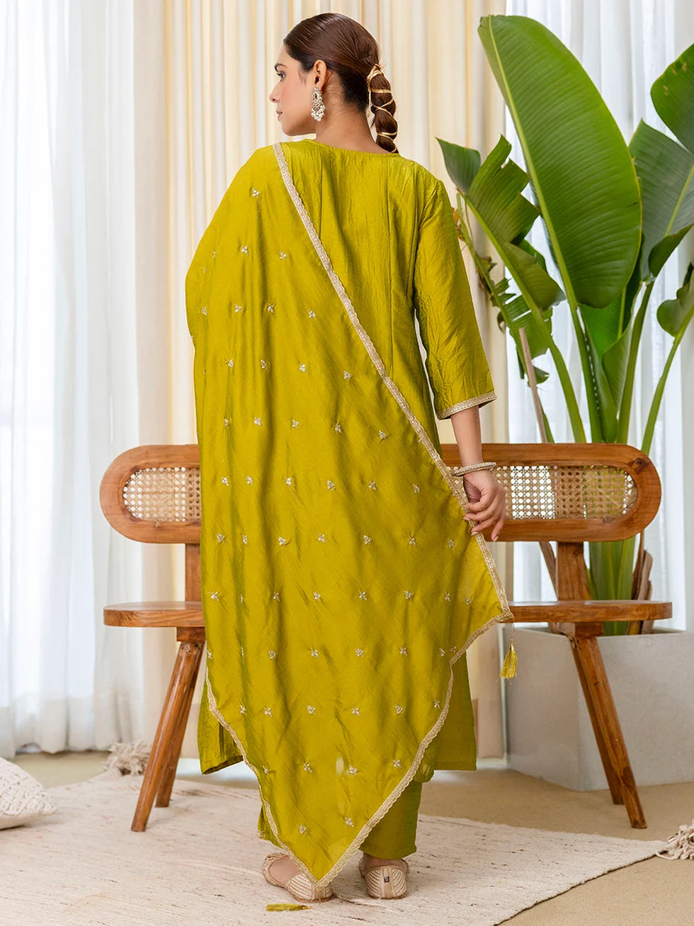 Priya Women’s Lemon Green Festive Embroidered Straight Kurta Pant