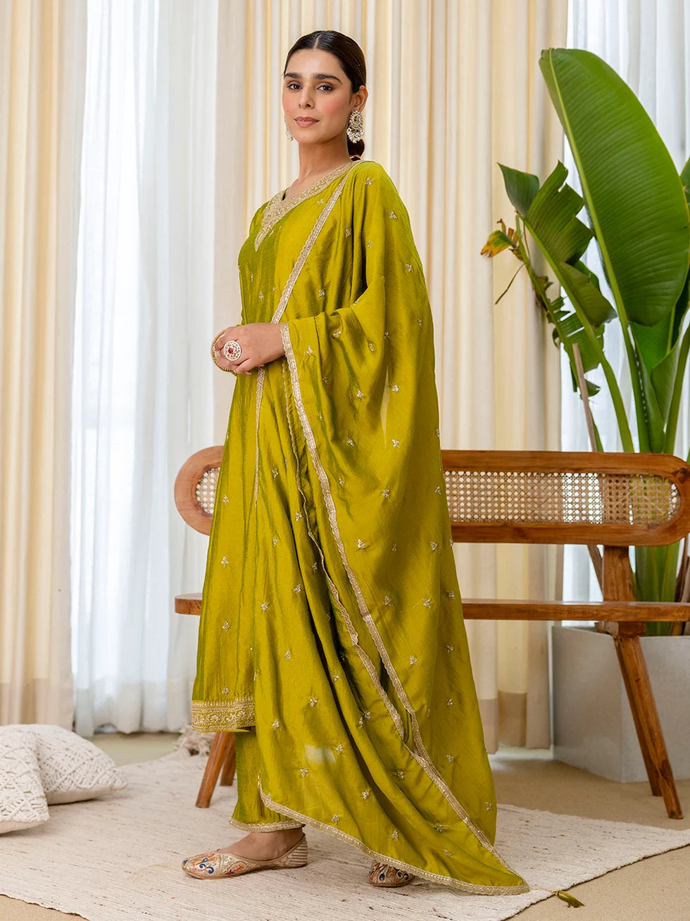 Priya Women’s Lemon Green Festive Embroidered Straight Kurta Pant