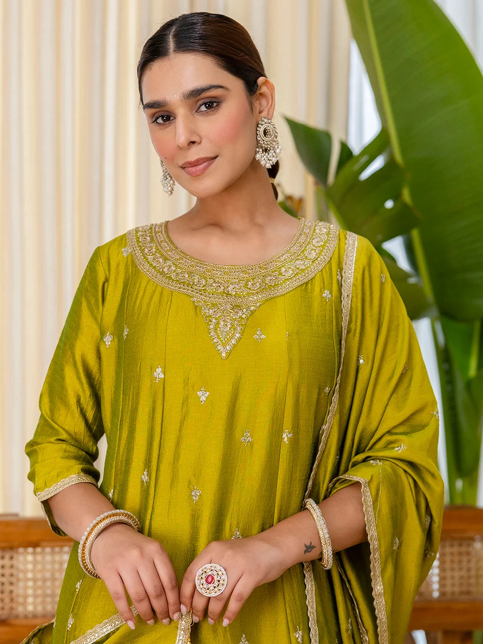 Priya Women’s Lemon Green Festive Embroidered Straight Kurta Pant