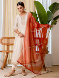 Floral Embroidered Chanderi_Silk V_Neck Kurta Trouser & Dupatta Set